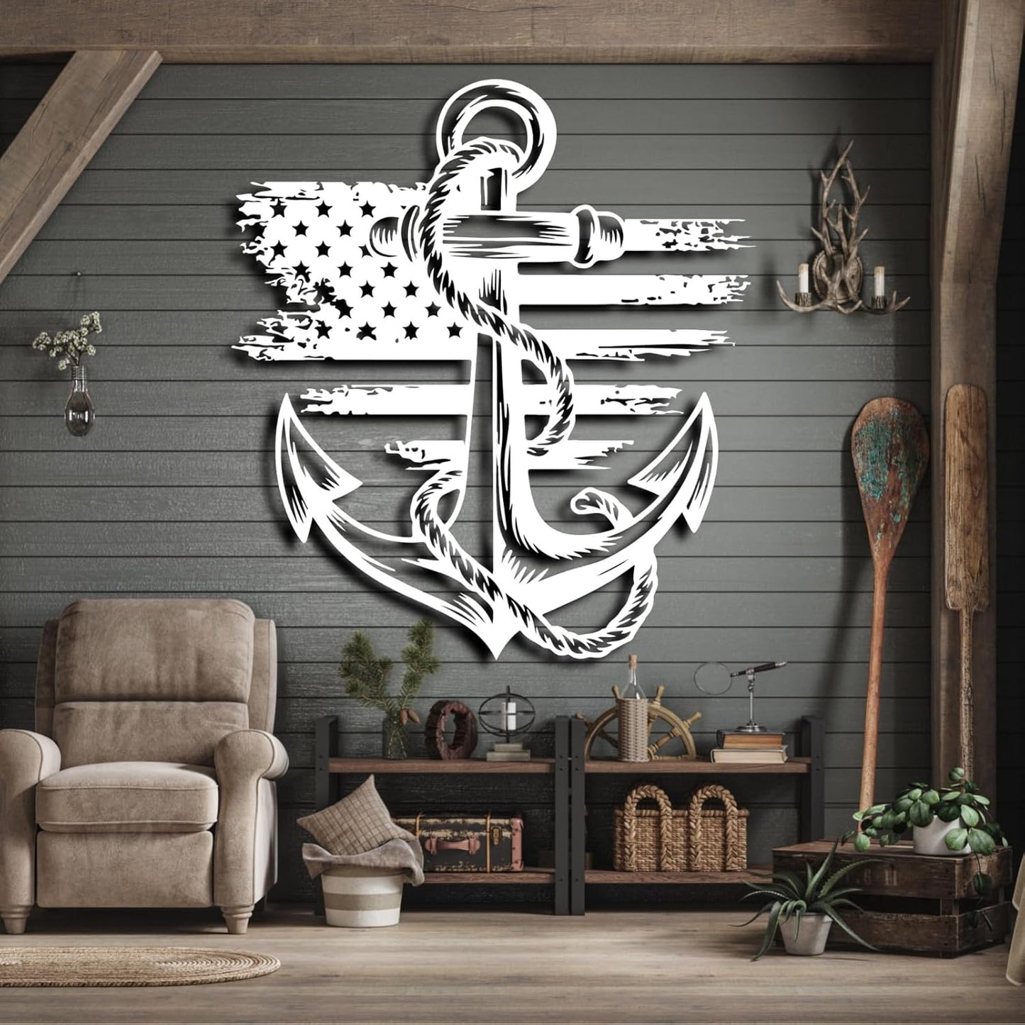 lunwall Metal Anchor Wall Decor, Anchor Metal Sign, Metal Anchor Decor, Anchor Metal Wall Art, Metal Nautical Wall Decor, Metal Wall Decor Coastal, Anchor Wall Decor (white, 19L x 17" W / 47 x 43 cm)