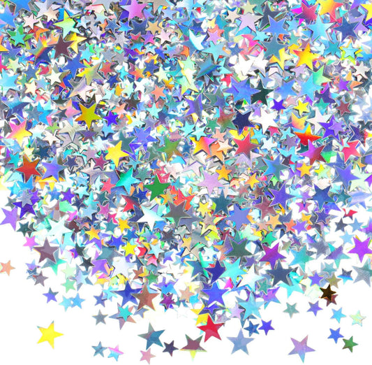 Hestya 60g Star Confetti Glitter Table Confetti Metallic Foil Stars for Party Wedding Festival Decorations(Holographic Silver,10mm and 6mm)