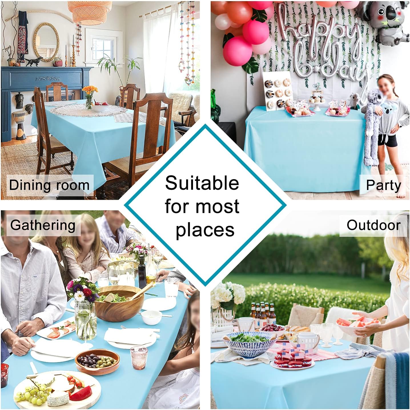 Hiasan Waterproof Tablecloth Rectangle - Washable Fabric Table Cloth for Dining Room Kitchen Birthday Party and Outdoor Use, Sky Blue, 60 x 140 Inch