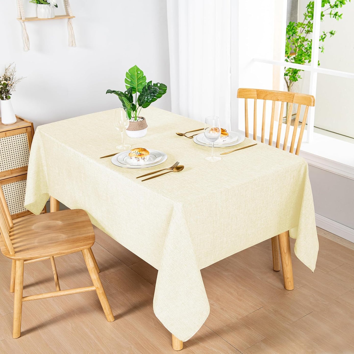 Hiasan Faux Linen Rectangle Tablecloth - Wrinkle and Stain Resistant Washable Table Cloth for Kitchen Dining Room Holiday Table Cover for Dinner, Champagne, 52 x 70 Inch