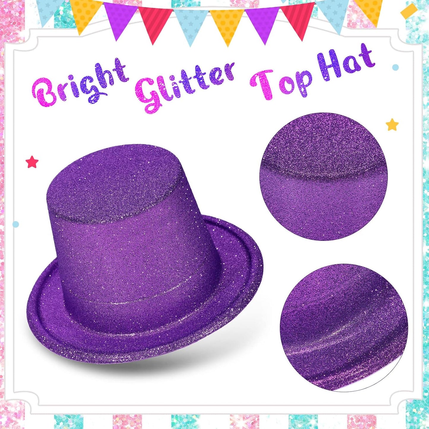 Handepo 12 Pack Bright Glitter Top Hat Mini Fun Party Hats for Adults Halloween Christmas Party Decoration Plastic Assorted Colors for New Years Dress Accessories