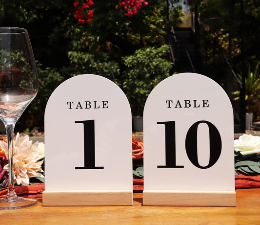 Wedding Table Numbers 1-10, Acrylic Arch Signs with Natural Wood Stands Holders, Rustic Table Decor for Reception & Parties (White Black)