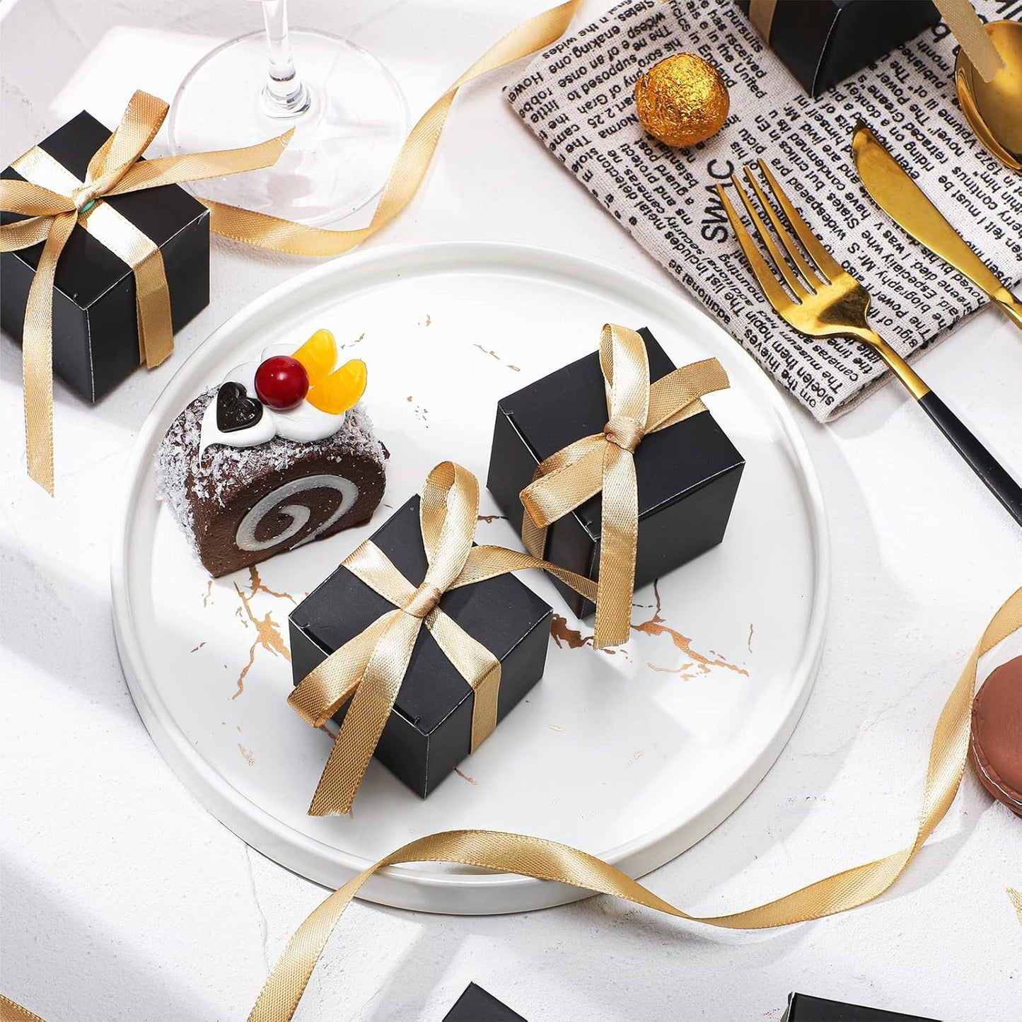 Jutom 100 Pcs Mini Favor Boxes Extra Small Candy Boxes Paper with Gold Ribbon for Christmas Thanksgiving Day Birthday Wedding Anniversary Supplies(2 x 2 x 2 Inch,Black)