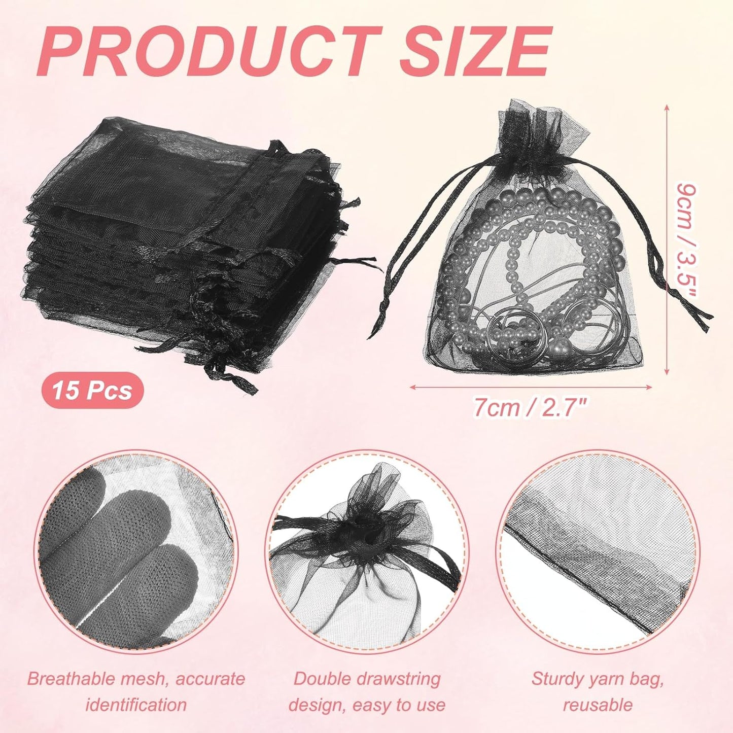 uxcell 50 Pcs Organza Gift Bags, 2.7x3.5 Inch Drawstring Pouches Jewelry Gift Bags, Small Wedding Favor Pouches for Christmas Birthday Wedding Goodie Candy Candle, Black