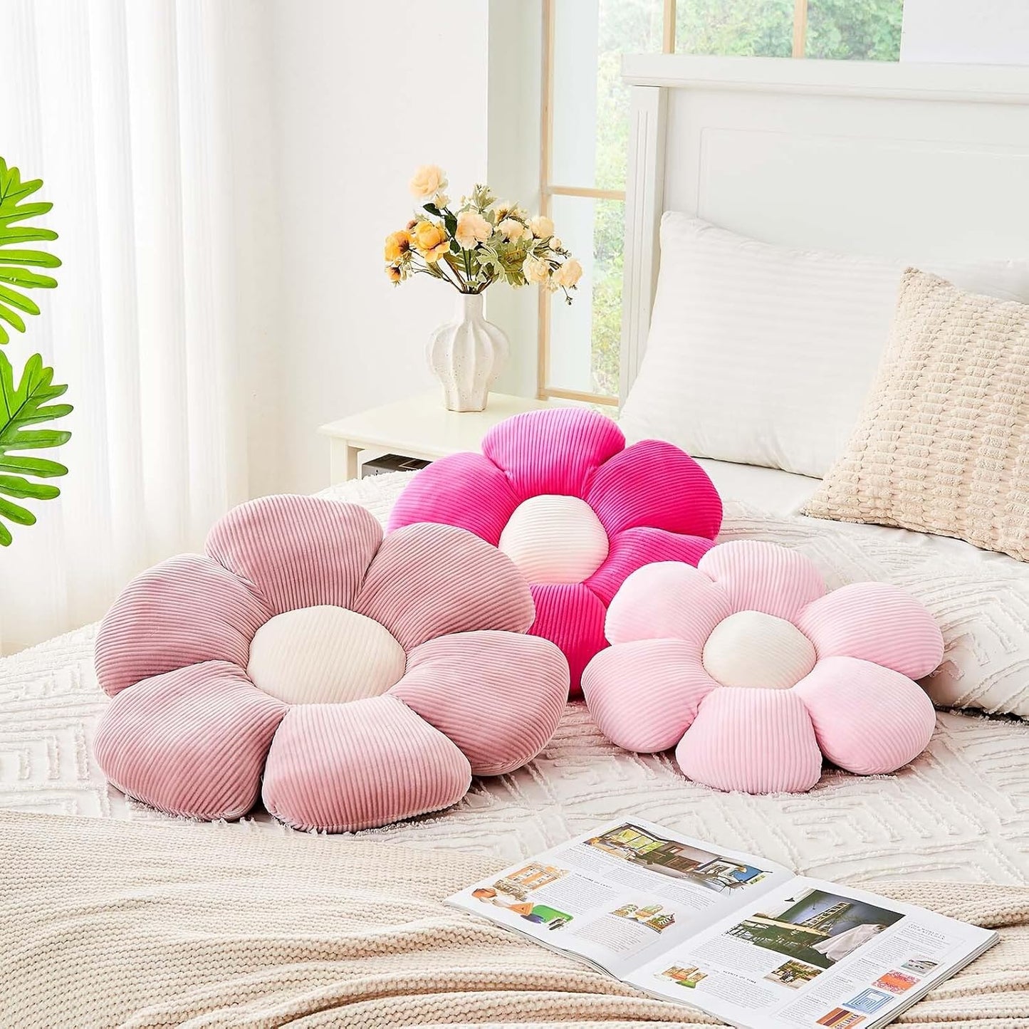 Hot Pink Flower Pillow, 14.9" Cute Flower Shaped Floor Pillow, Aesthetic Floral Plush Daisy Decorative Throw Pillows for Bed Sofa Couch