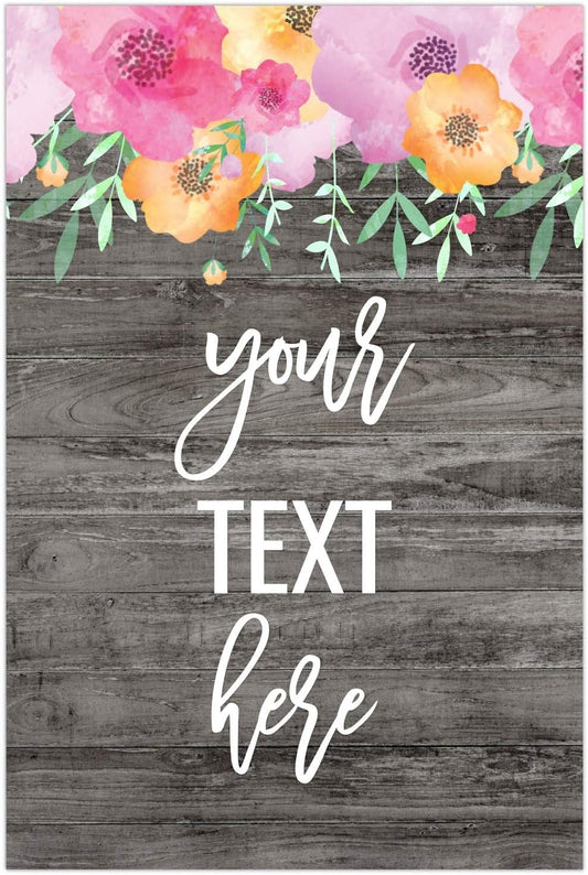 Andaz Press Personalized Extra Large Wedding Easel Board Party Sign, 12x18-inch, Pink Floral Flowers on Gray Rustic Wood, Your Text Here, 1-Pack, Custom