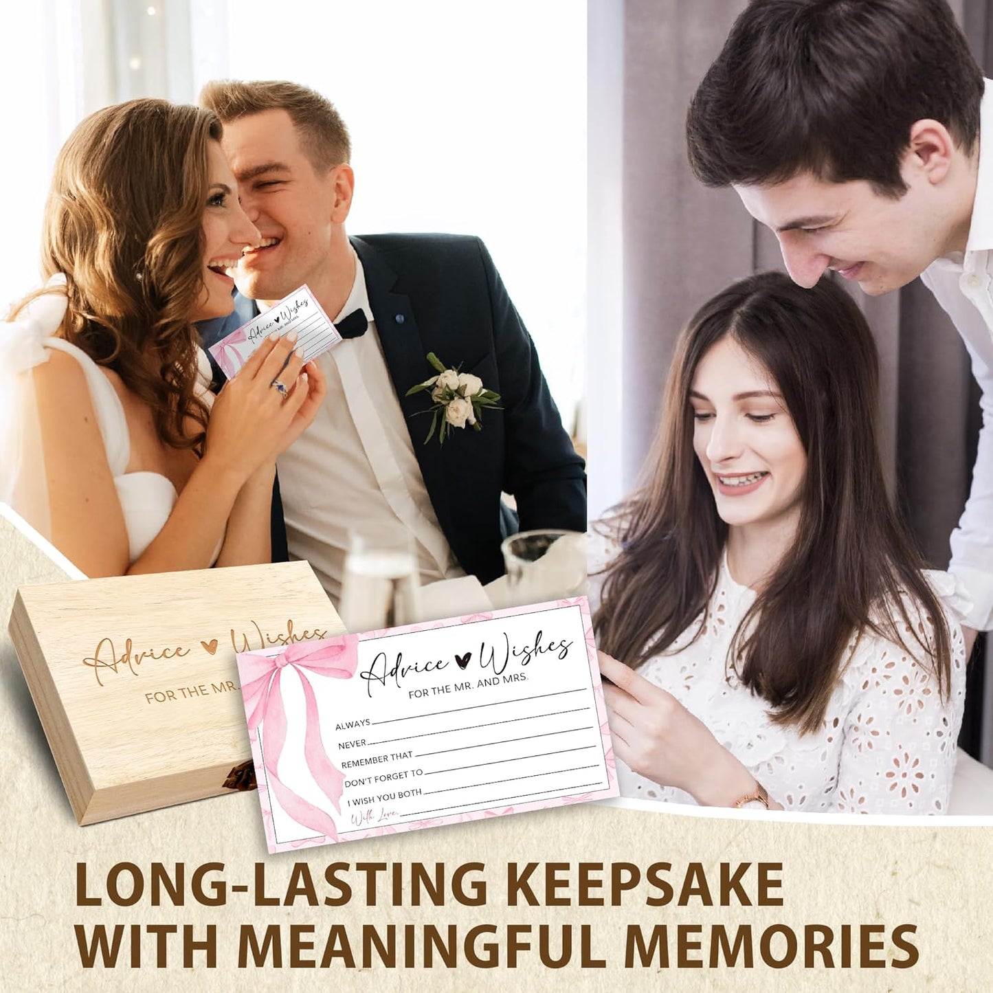 Pink Bow Advice and Wishes for the Mr and Mrs - 50 Packs Wedding Advice Cards Bridal Shower Game Cards with Box Reception Guest Book for Bride Groom Newlywed Engagement Party Decoration -A06