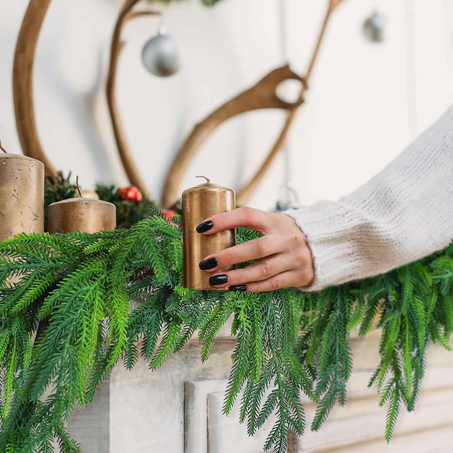 Jutom Christmas Norfolk Pine Garland Realistic Artificial Faux Greenery Cedar Garland for Mantle Holiday Indoor Outdoor Fireplace Winter Christmas Decorations(2 Pcs,9 Feet)