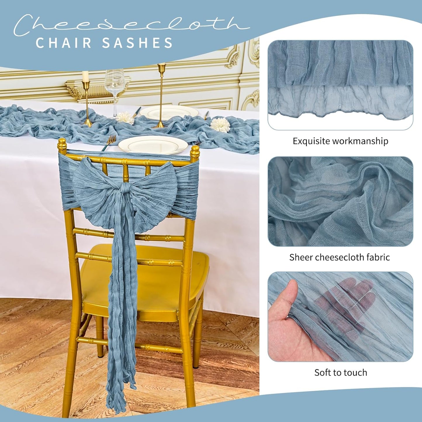 50 PCS Cheesecloth Chair Sashes, Bows Designed ChairSashes, 15.7x108 inch Chair Sashes for Aisle Decorations Universal Chairs Cover Decoration for Wedding Reception Party Banquet (Dusty Blue)