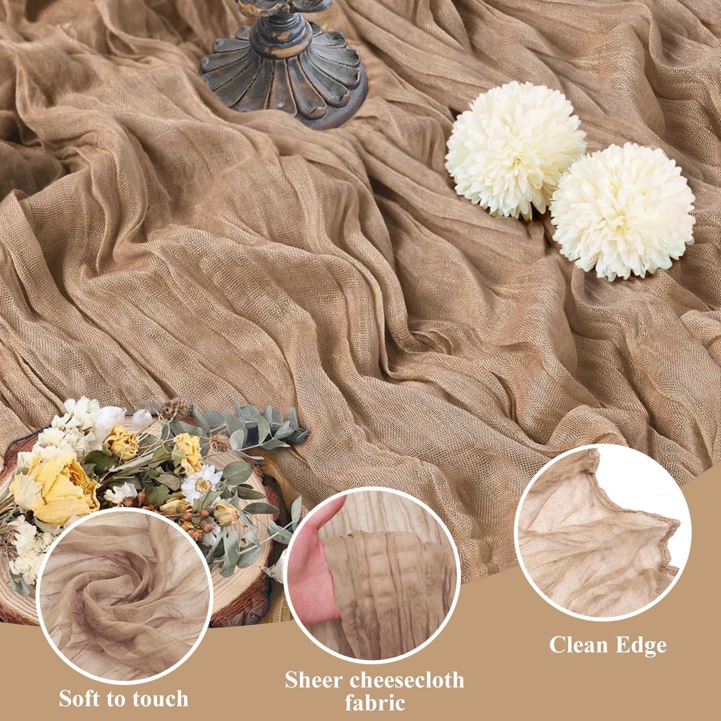 Asee'm 2pcs Cheesecloth Table Runner 120 Inches Long Nude Boho Gauze Cheese Cloth Runner 10FT Rustic Sheer Table Runners for Christmas Wedding Party Baby Shower Spring Easter Decoration