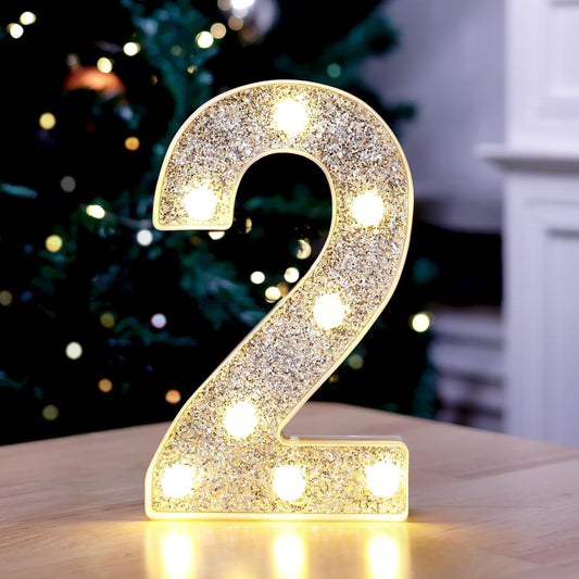 Marquee Light Up Letters, Glitter Silver LED Letter Lights Battery Powered Alphabet Letter Sign for Night Light Wedding Birthday Party Cafe Bar Decoration Girls Room Decor - Number 2
