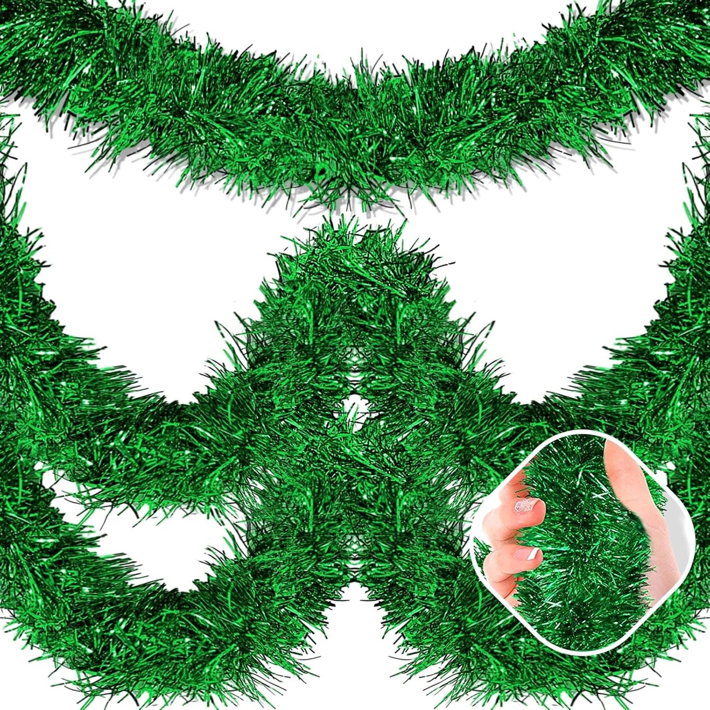 25 Feet Green Christmas Tinsel Garland, Metallic Foil Twist Garland Wall Hanging Tinsel Banner Backdrop for Parade Floats, Easter, Mother's Day, Birthday Party Decorations (4in x 25ft)