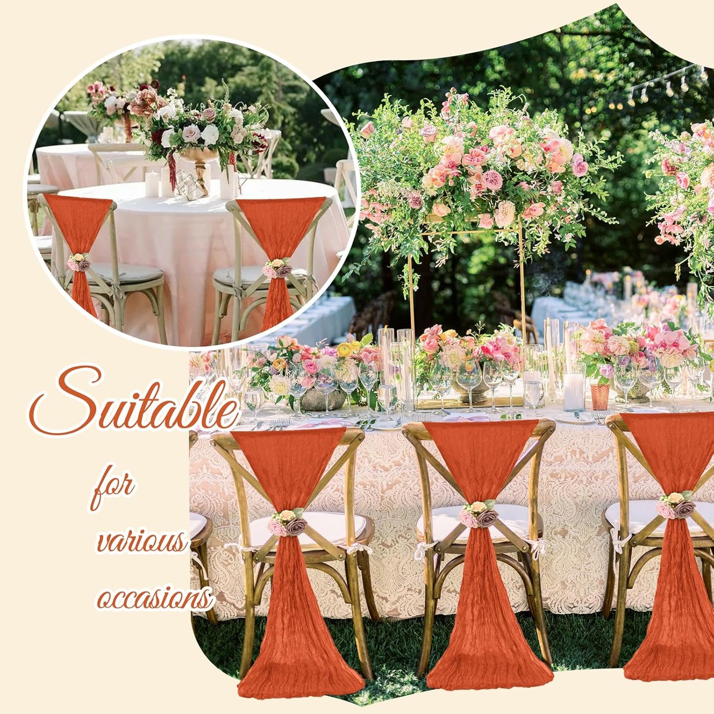 36 Pcs Burnt Orange Cheesecloth Chair Sashes, 16 x 108 inch Gauze Fabric Washable Chair Sashes Bows Designed for Aisle Decorations Universal Chair Cover Decor for Wedding Reception Party Banquet