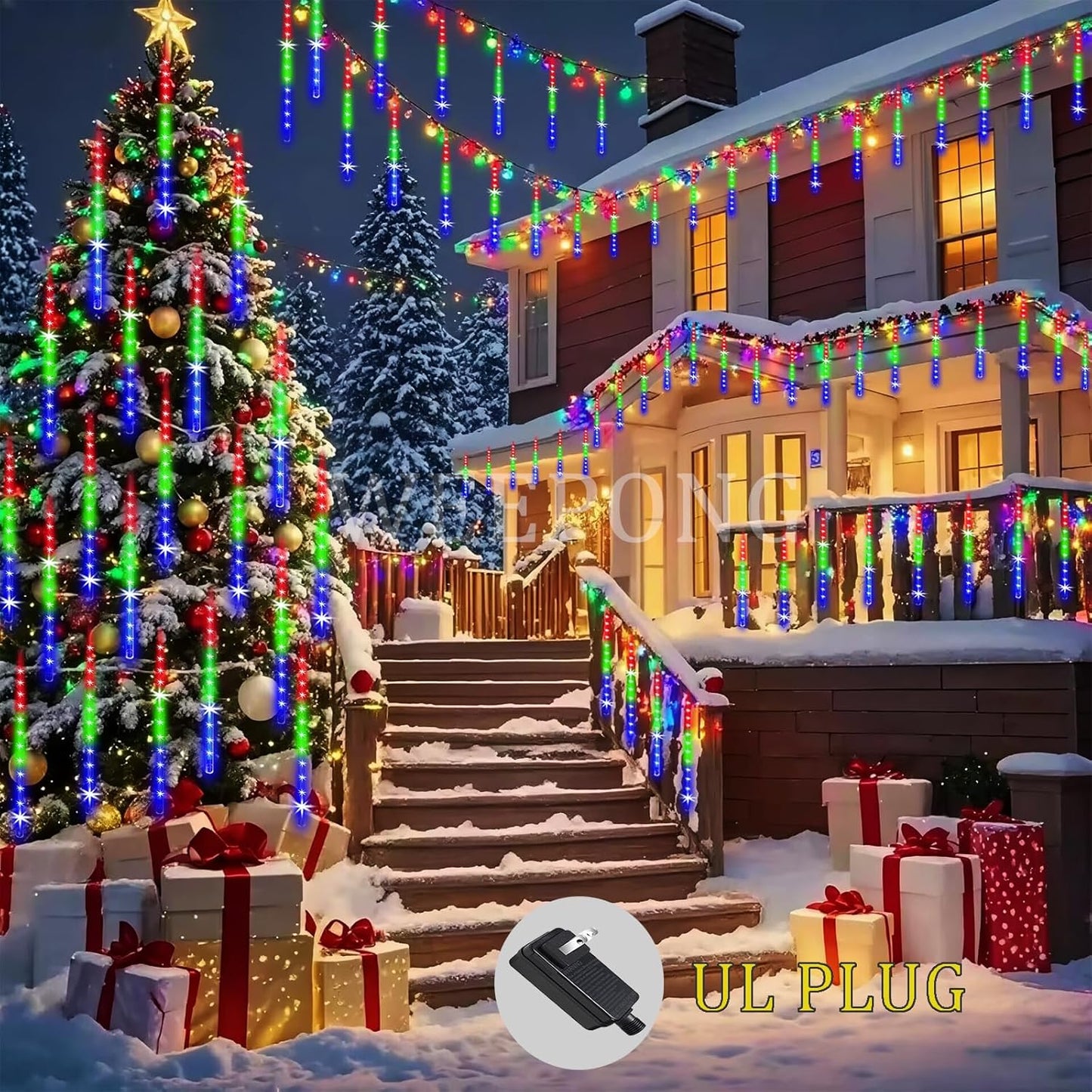 Meteor Shower Lights UL Certified 192LEDs 8 Tubes Falling Rain Drop Christmas Icicle Cascading Lights for Xmas Tree Halloween Decorations Wedding Party Holiday Garden Decor, Multicolor