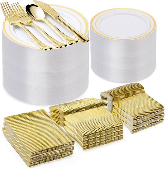 600PCS Gold Plastic Plate Set (100 Guests), Plastic Plates for Party Wedding Birthday, Disposable Dinnerware Set of 200 Plates, 200 Forks, 100 Spoons, 100 Knives for Christmas, Thanksgiving