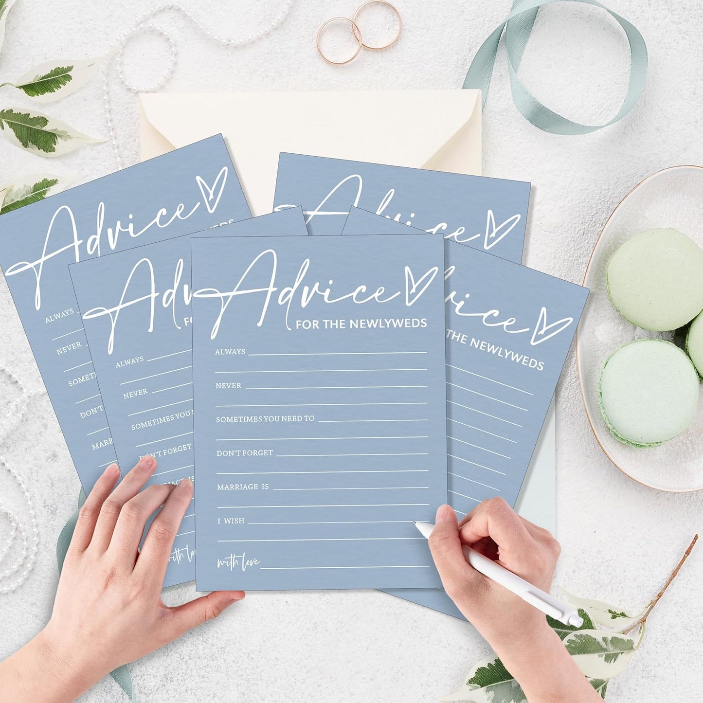 Wedding Advice Cards - Bdvice and Wishes for the Newlyweds Mr and Mrs Bride & Groom Perfect for Bridal Shower Wedding Games and Guest Book Alternative Pack of 25 Minimalist Blue 5x7 Inch Cards - B04