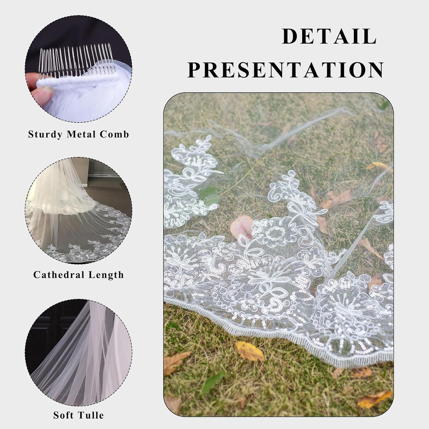 Bridal Veil long Cathedral Length Lace Sequins Edge 1 Tier Wedding Veil with Metal Comb for Brides