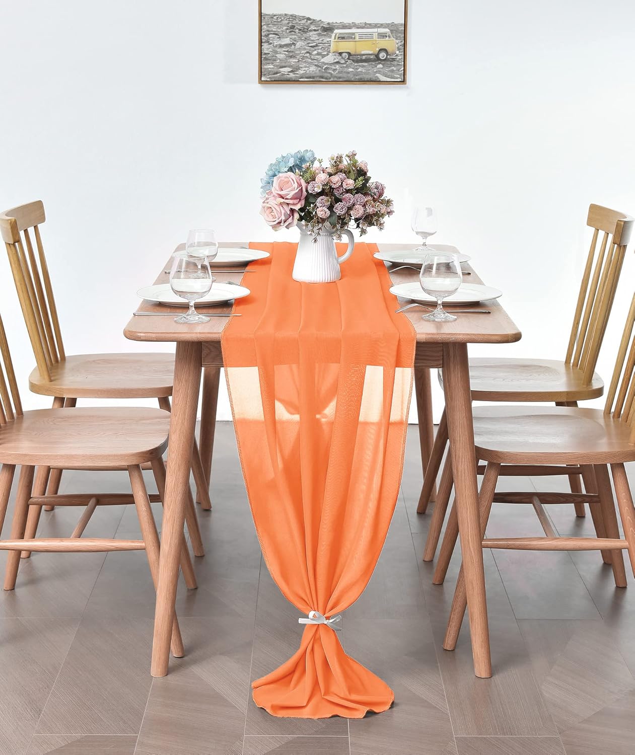 5 Pack 10Ft Chiffon Orange Table Runner Sheer 29x120 Inch for Romantic Wedding Decor Bridal & Baby Shower Birthday Rustic Party Decoration
