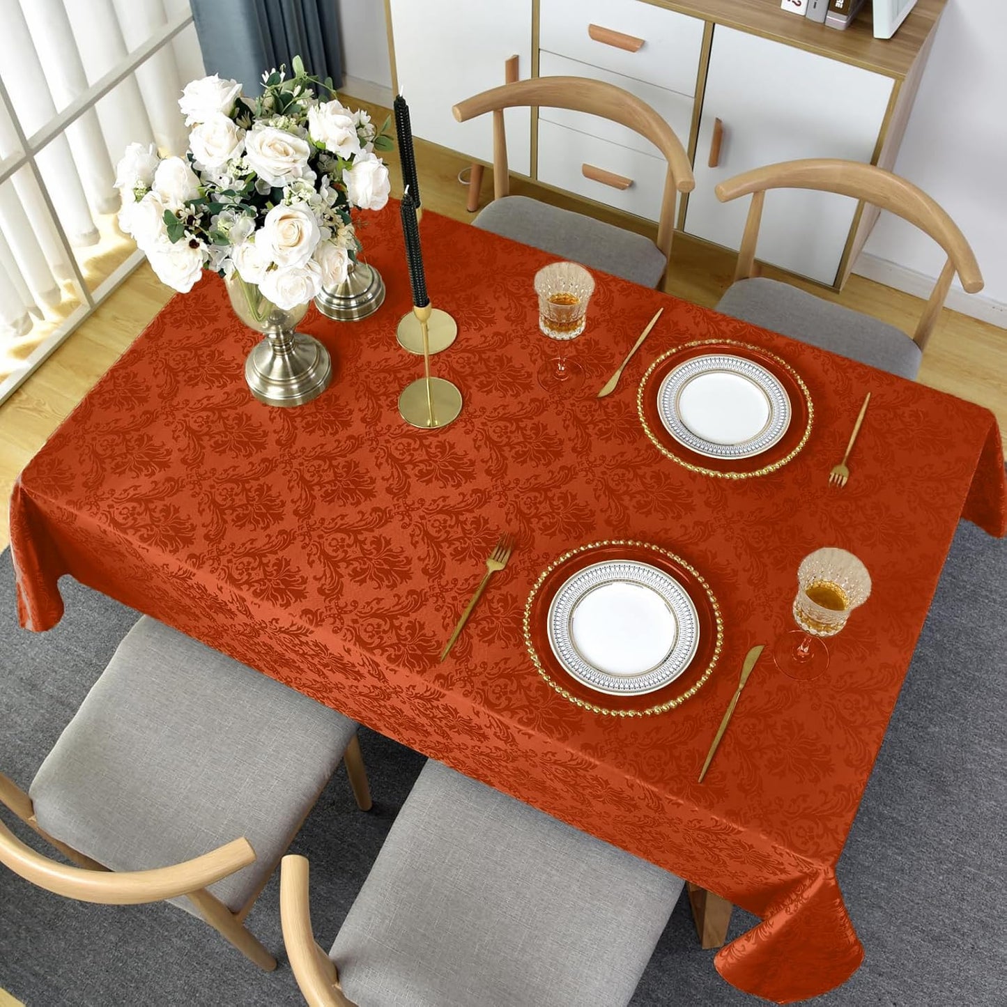 SASTYBALE Jacquard Rectangle Tablecloth, Rusty Spill-Proof Wrinkle Resistant Damask Table Cloth, Soft Polyester Oblong Table Cover for Kitchen Parties Thanksgiving - 60 x 84 Inch Rust