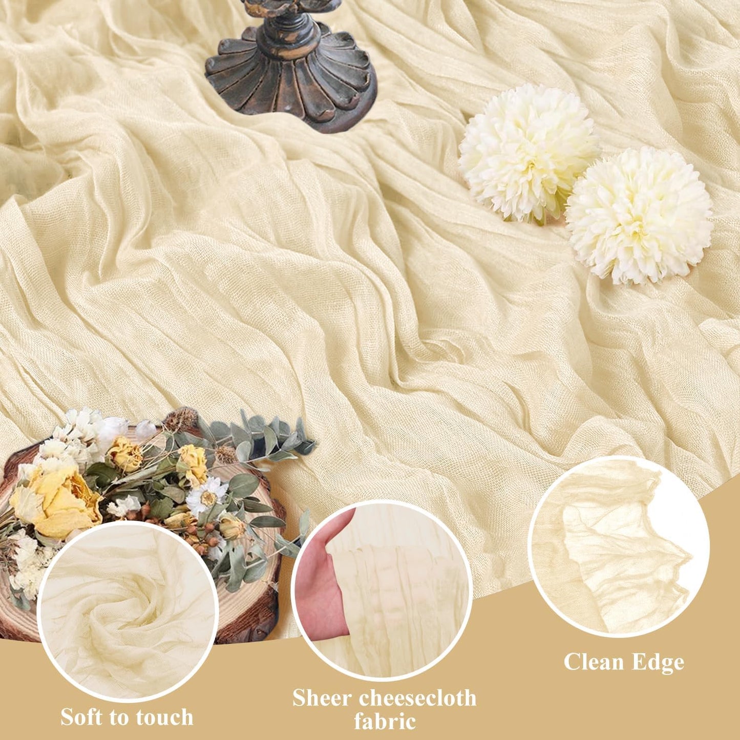 Asee'm 4pcs Cheesecloth Table Runner 120 Inches Long Beige Boho Gauze Cheese Cloth Runner 10FT Rustic Sheer Table Runners for Christmas Wedding Party Baby Shower Spring Easter Decoration