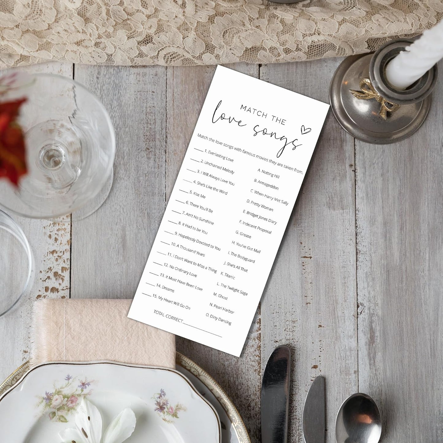 Bridal Shower Games, Match the Love Songs, 25Pcs 4x9in Minimalist White Double-Sided Bridal Game Cards with 1 Answer Key, Wedding Shower Games for Guests, Engagement Bachelorette Party Supplies - A02