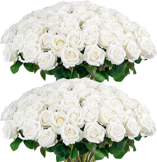 60PCS Artificial Roses Bulk, White Velvet Silk Fake Roses, Realistic White Flowers for Wedding Centerpieces, Bridal Bouquets, Home Decor, Baby Shower, Valentine's Day Party Decorations