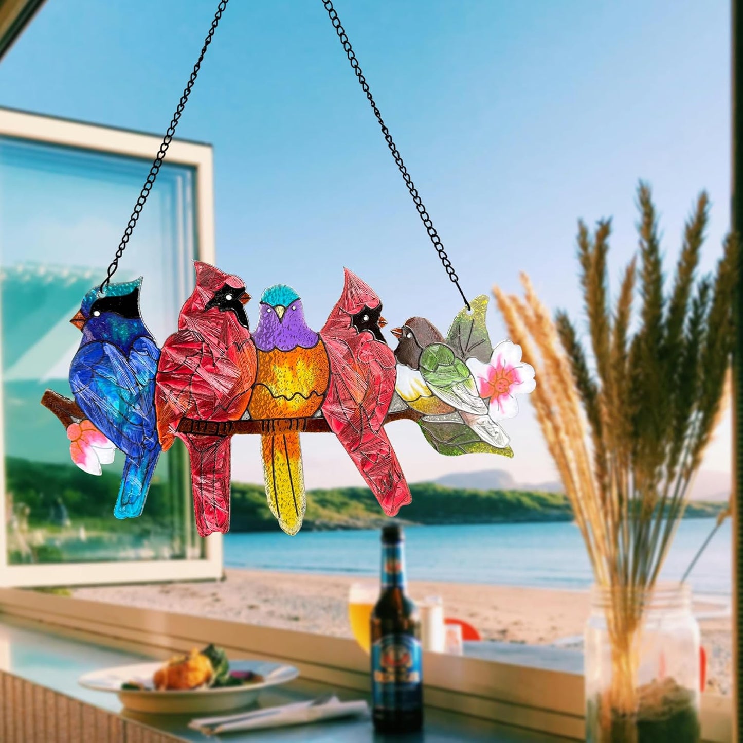 Stained Glass Window Hanging - Large Stained Glass Birds on Branch, Birds Sun Catchers Indoor Window with Chain and Hook Gifts for Bird Lover, Mom, Grandma, Stocking Stuffers for Women