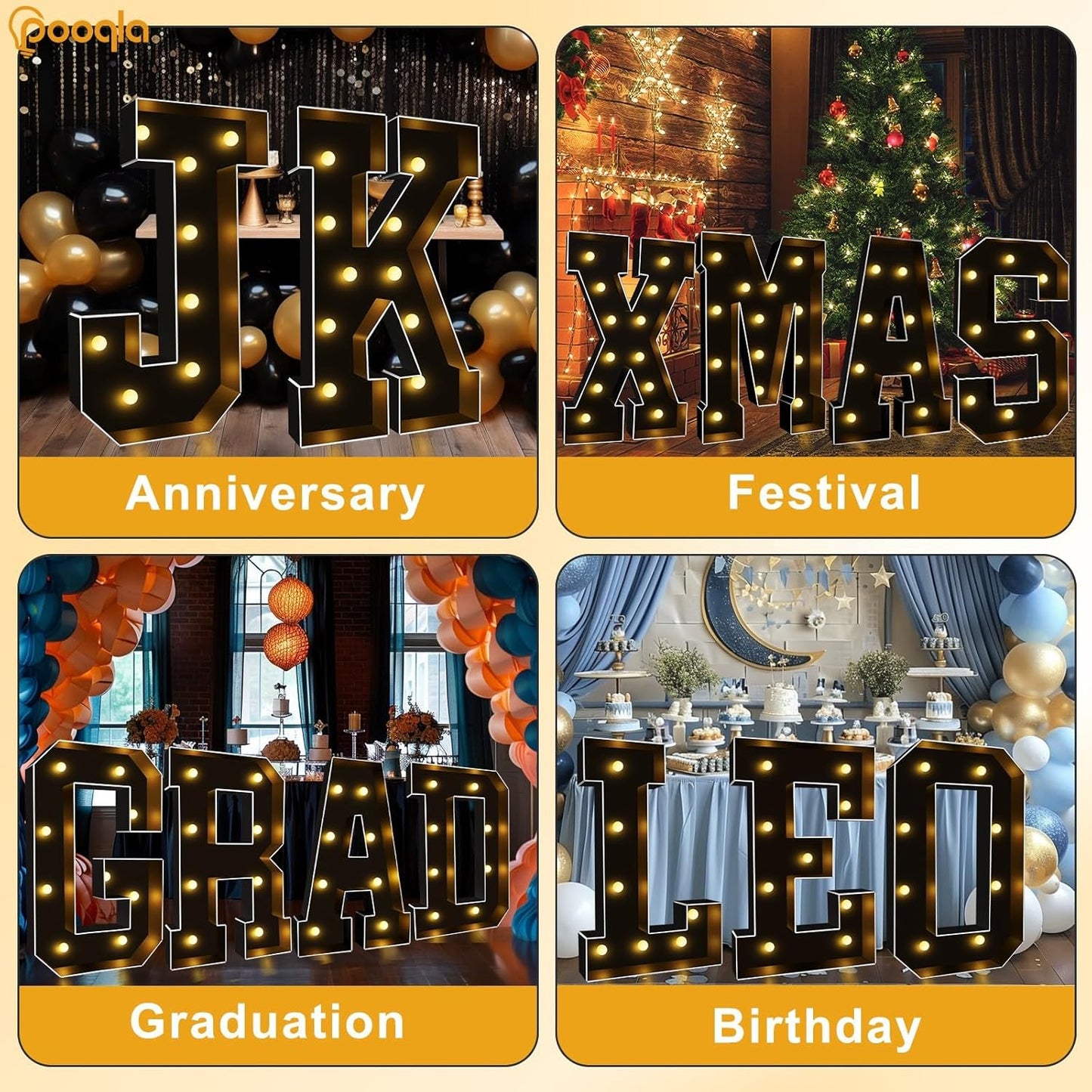 Pooqla 3 FT Marquee Light Up Letters, Black Marquee Letter Lights 3 Feet Tall, Giant LED Sign Big Mosaic Letters for Balloons Birthday Party Anniversary Wedding Decorations, Warm White B