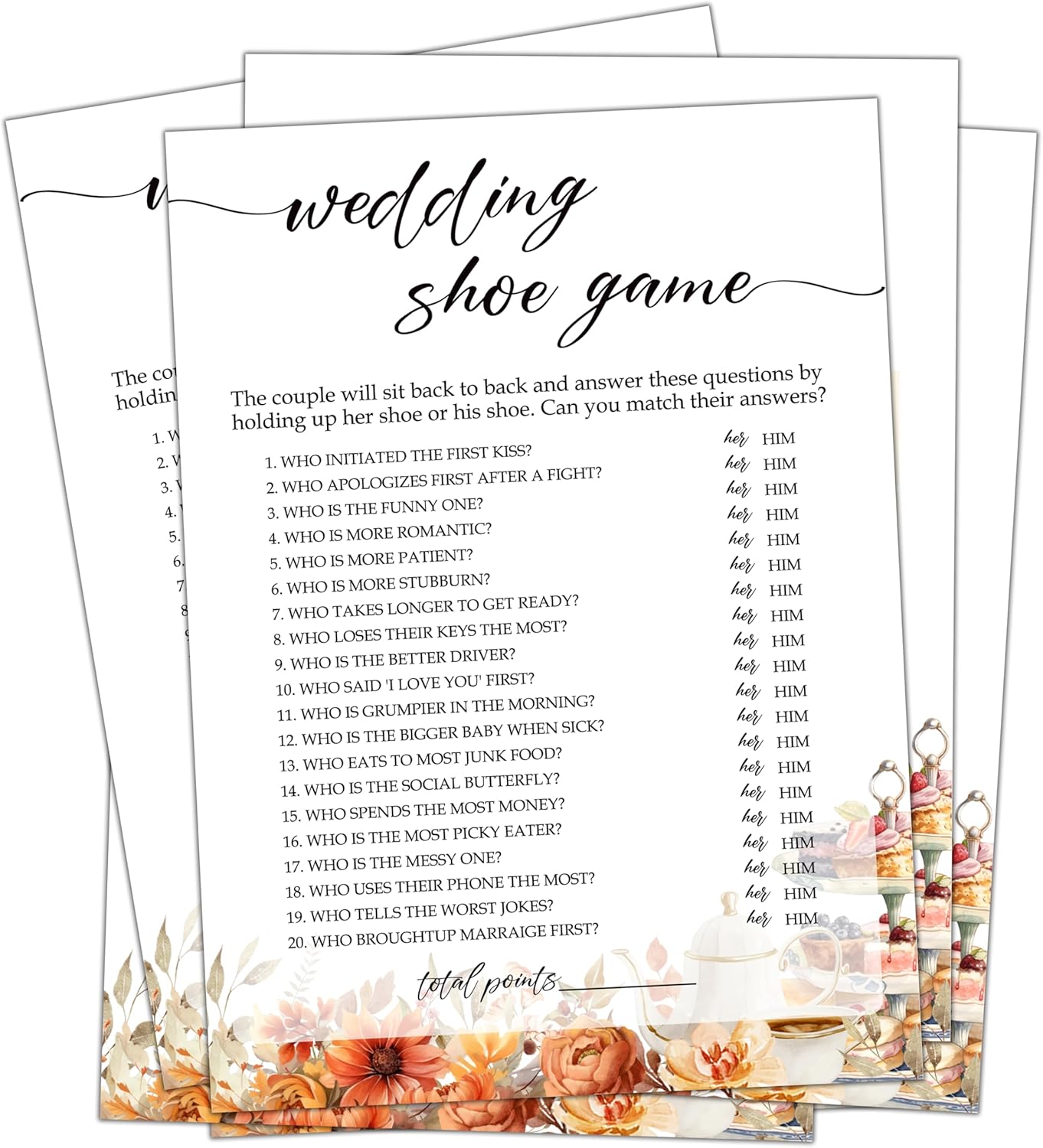 Fall Bridal Shower Games Cards, Wedding Shoe Wedding Bachelorette Party Games, Fall in Love Bridal Shower Decorations, 25 Cards, G02