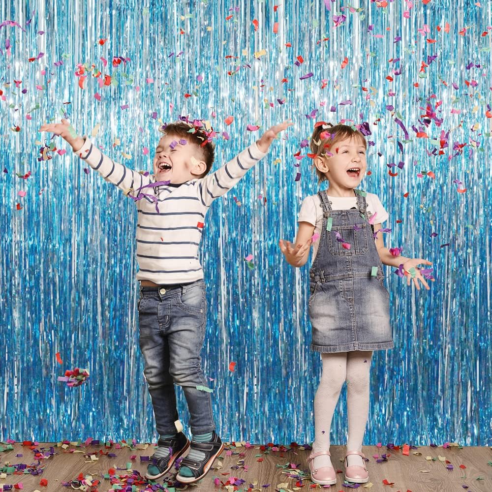 GOER 3.2 ft x 8.2 ft Metallic Tinsel Foil Fringe Curtains Party Photo Backdrop Party Streamers for Birthday,Graduation,New Year Eve Decorations Wedding Decor (Light Blue,5 pcs)