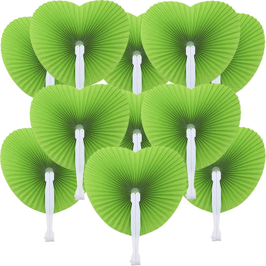 12 Packs Decorative Paper Folding Hand Fans Handheld,Grass Green Heart Foldable Wedding Fans Chinese and Japanese Fans Bulk for Bridal Guest Church Party Favors Dancing Birthday DIY