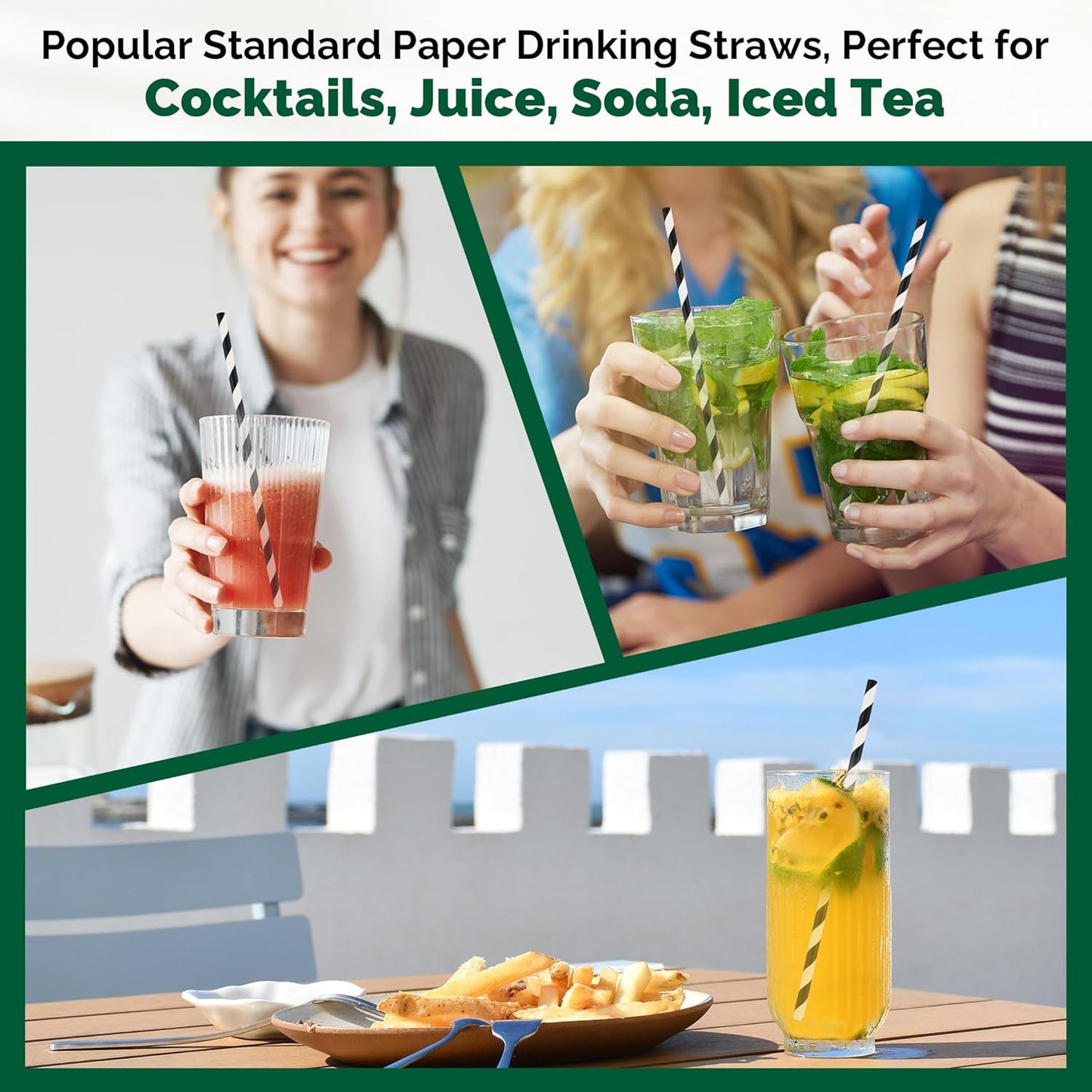 7.75'' Disposable Paper Drinking Straws Bulk, Black and White Striped - Unwrapped, Pack of 1000
