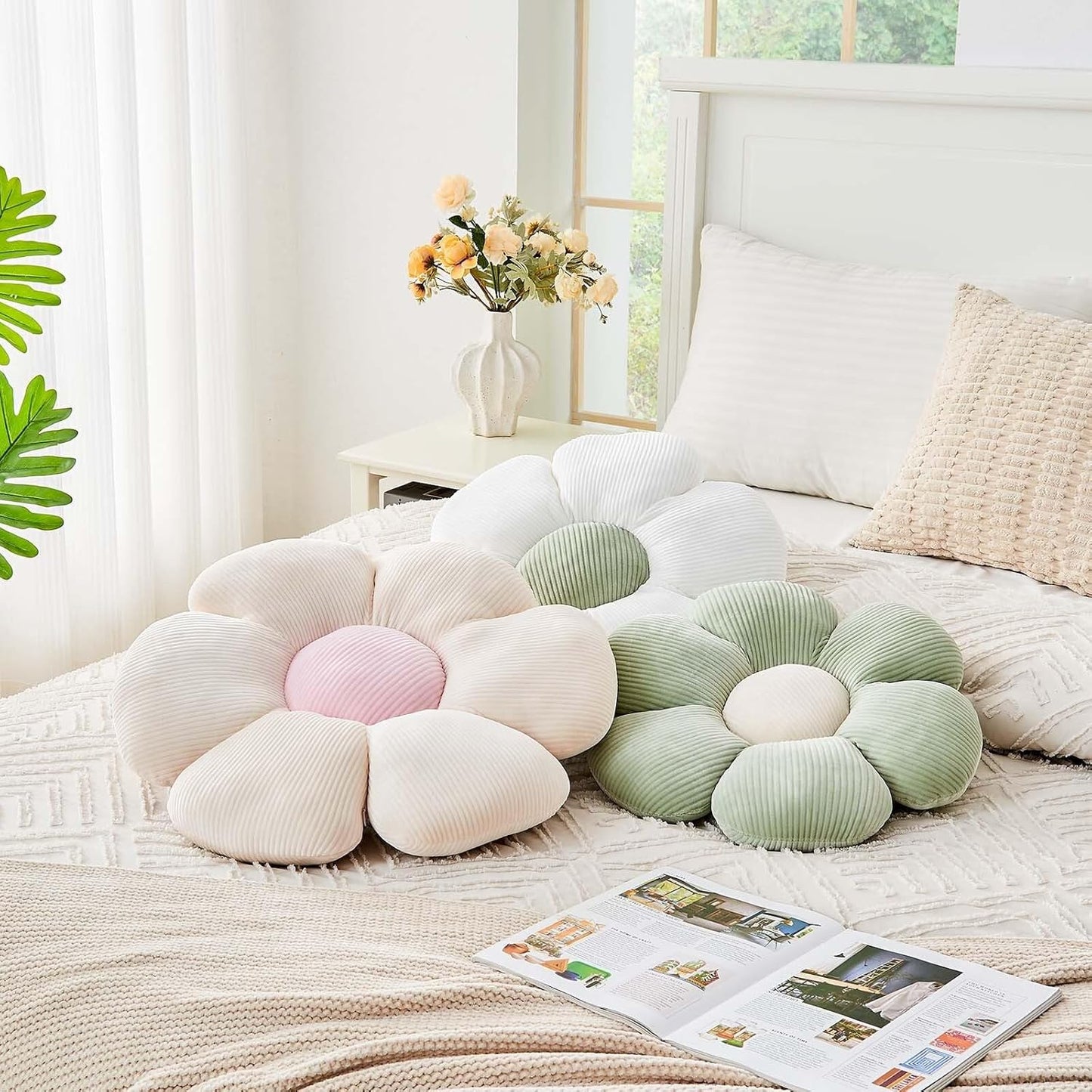 Sage Green Flower Pillow, 19.6" Cute Flower Shaped Floor Pillow, Aesthetic Floral Plush Daisy Decorative Throw Pillows for Bed Sofa Couch