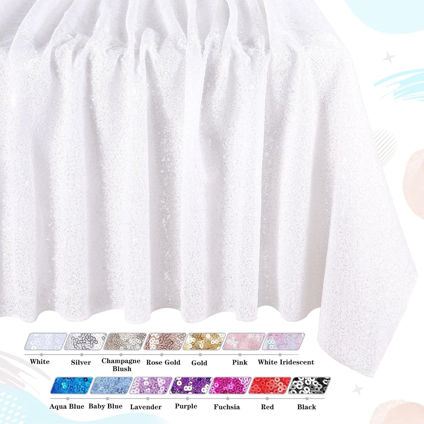 QueenDream White Wedding Tablecloth 90x90 Inch Sequin Fabric Table Cloths Rectangle Sparkle Anniversary Banquet Halls Christmas Decorations
