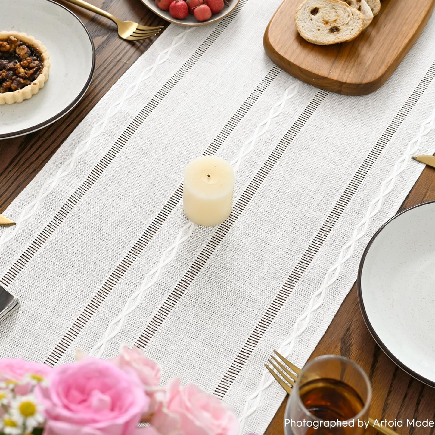 Artoid Mode Rustic Cotton Linen Table Runner, Seasonal Embroidered Hollow Kitchen Dining Table Decoration for Home Party Decor 13x72 Inch
