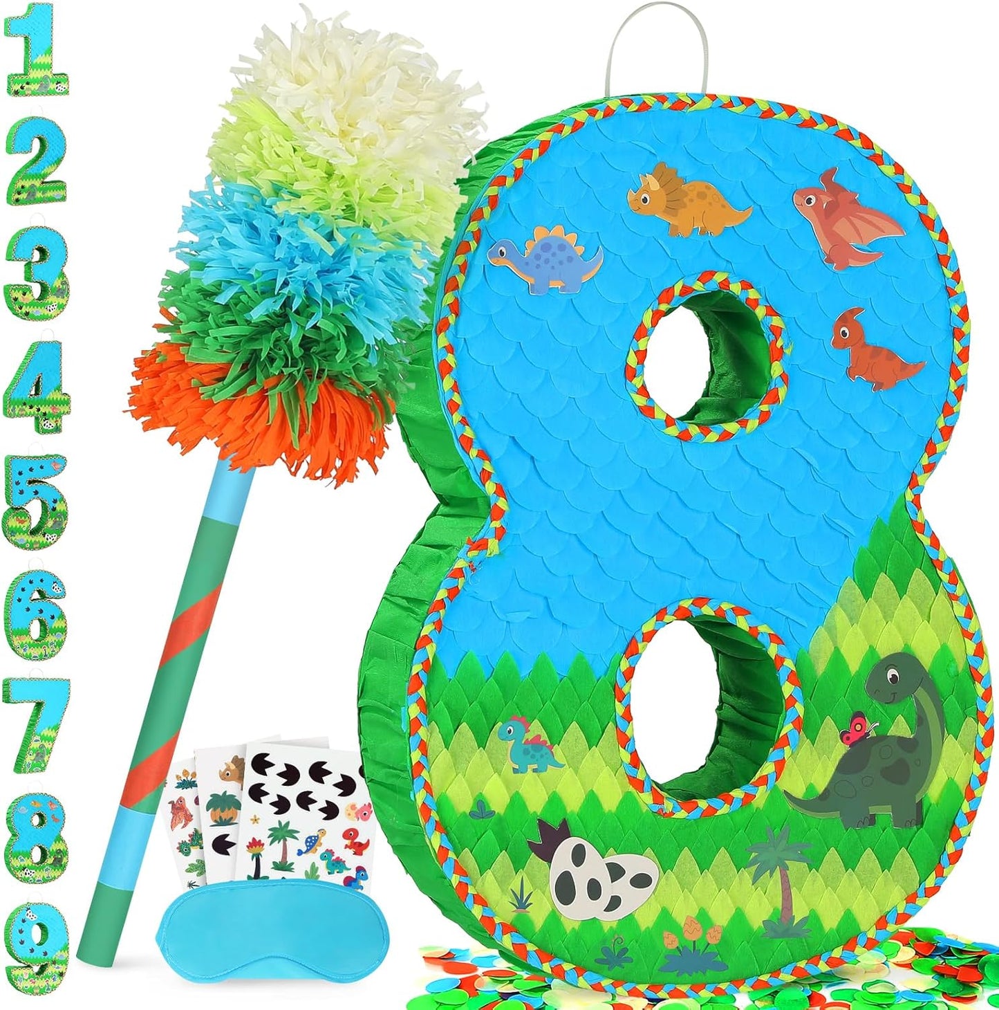 Number 8 Pinata for Birthday Party Decorations, Jungle Dinosaur Piñata Games Toy (8th)