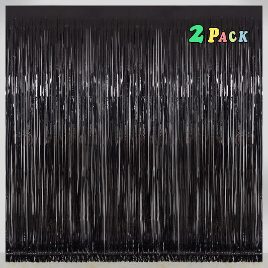 Halloween Party Decorations Indoor for Adults, Melsan 3.2 x 8 ft Black Streamer Tinsel Photo Backdrop for Birthday, Graduations, Fiesta, Halloween Decorations - Pack of 2