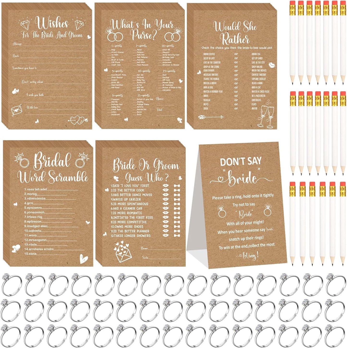 Estune 331 Pcs Bridal Shower Games Supplies, 5 Sets 250 Pcs Wedding Cards 1 Put a Ring on It Bridal Shower Games with 60 Rings and 20 Pencils(Rustic Kraft)