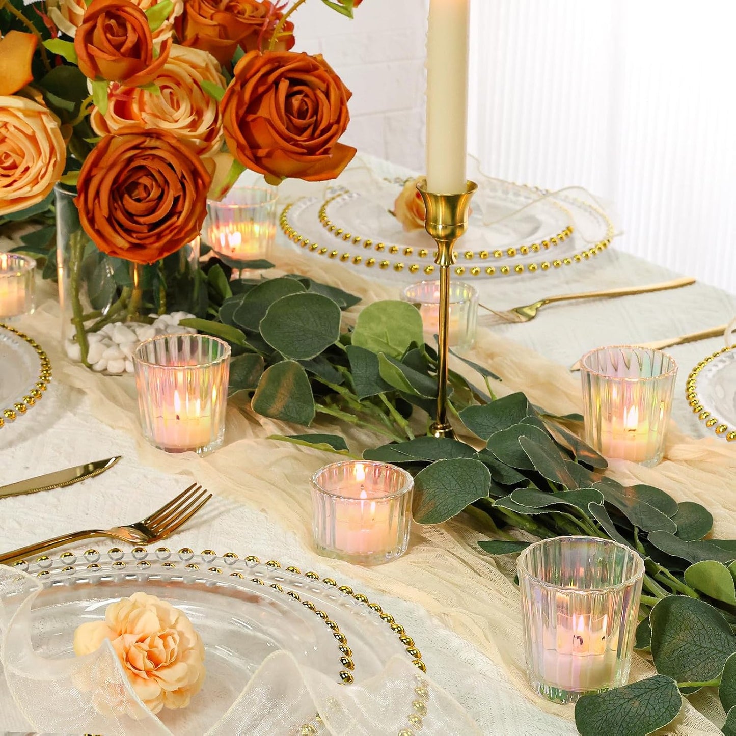 24 Pcs Ribbed Iridescent Votive Candle Holders - Glass TeaLight Candle Holders for Weddings, Baby Showers, Home Décor, Party Centerpieces, and Table Decorations