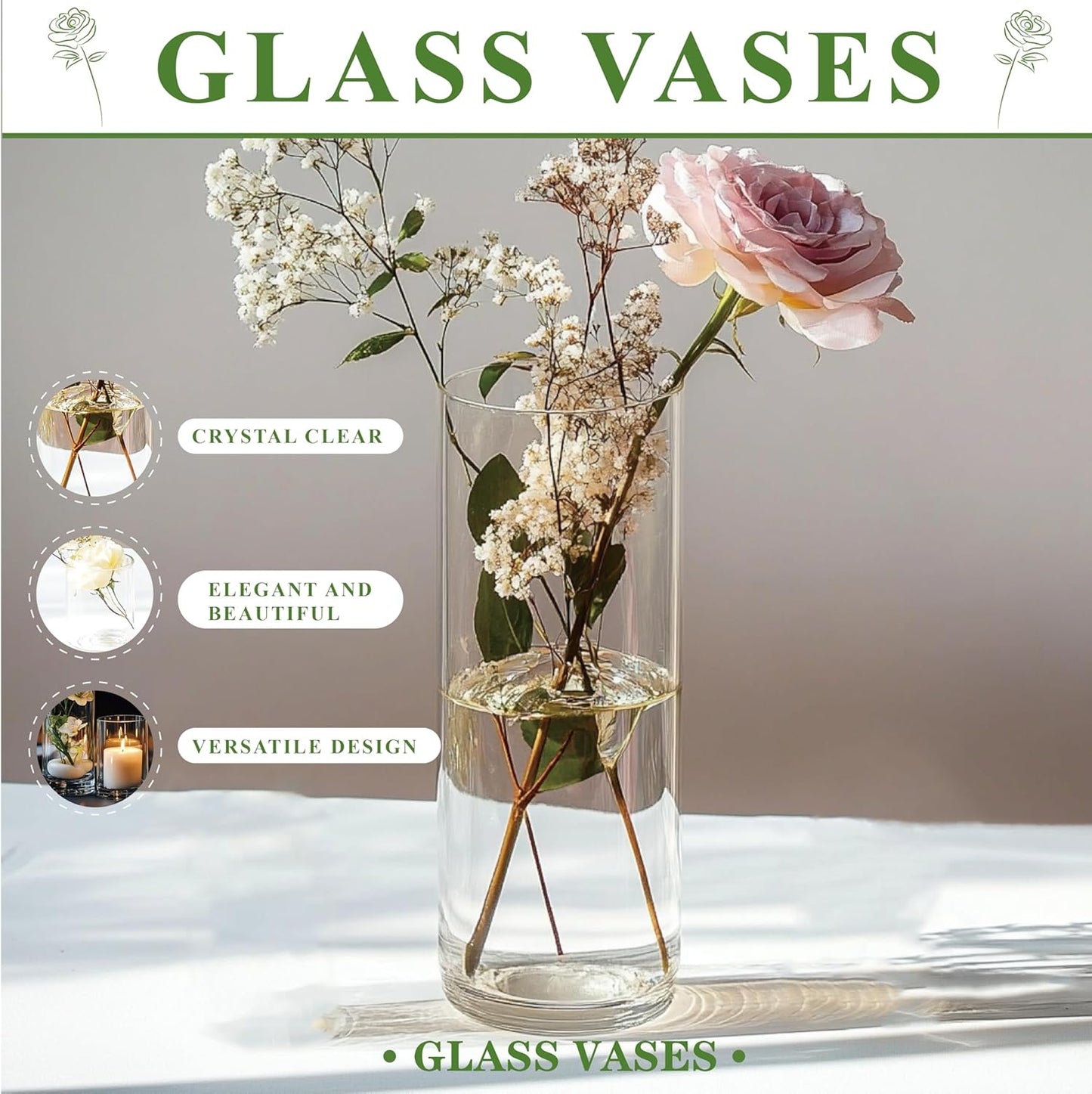 30pcs Glass Cylinder Vase for Centerpieces, 6,8,10,10,12 inch Tall Big Clear Flower Vase Bulk Floating Candle Holder for Wedding Table Home Décor and Party