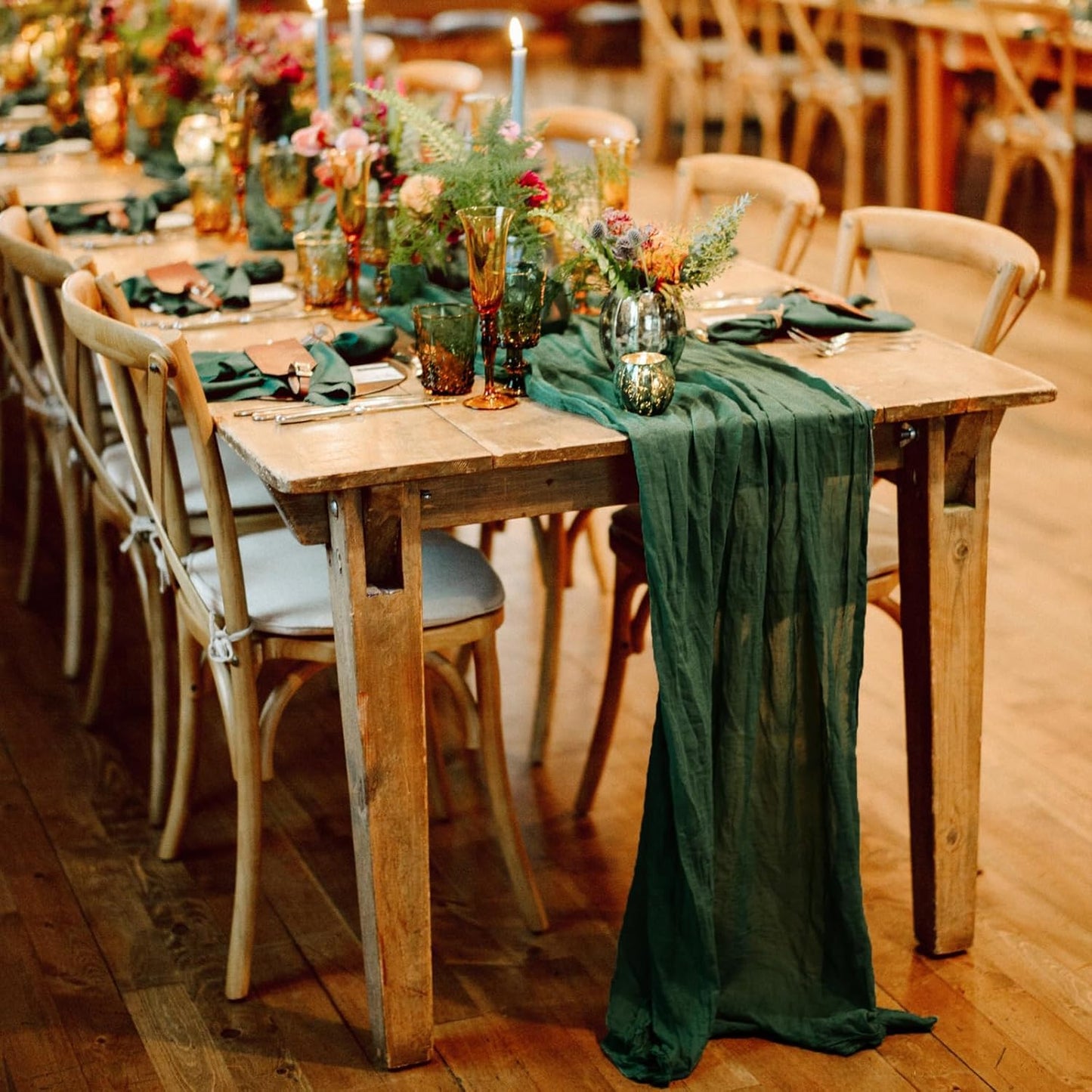 Hahuho Emerald Green Cheesecloth Table Runner 10ft, Gauze Boho Rustic Table Runners for Wedding Birthday Party Baby Shower Decorations（1 Pack , 35x120 Inches）