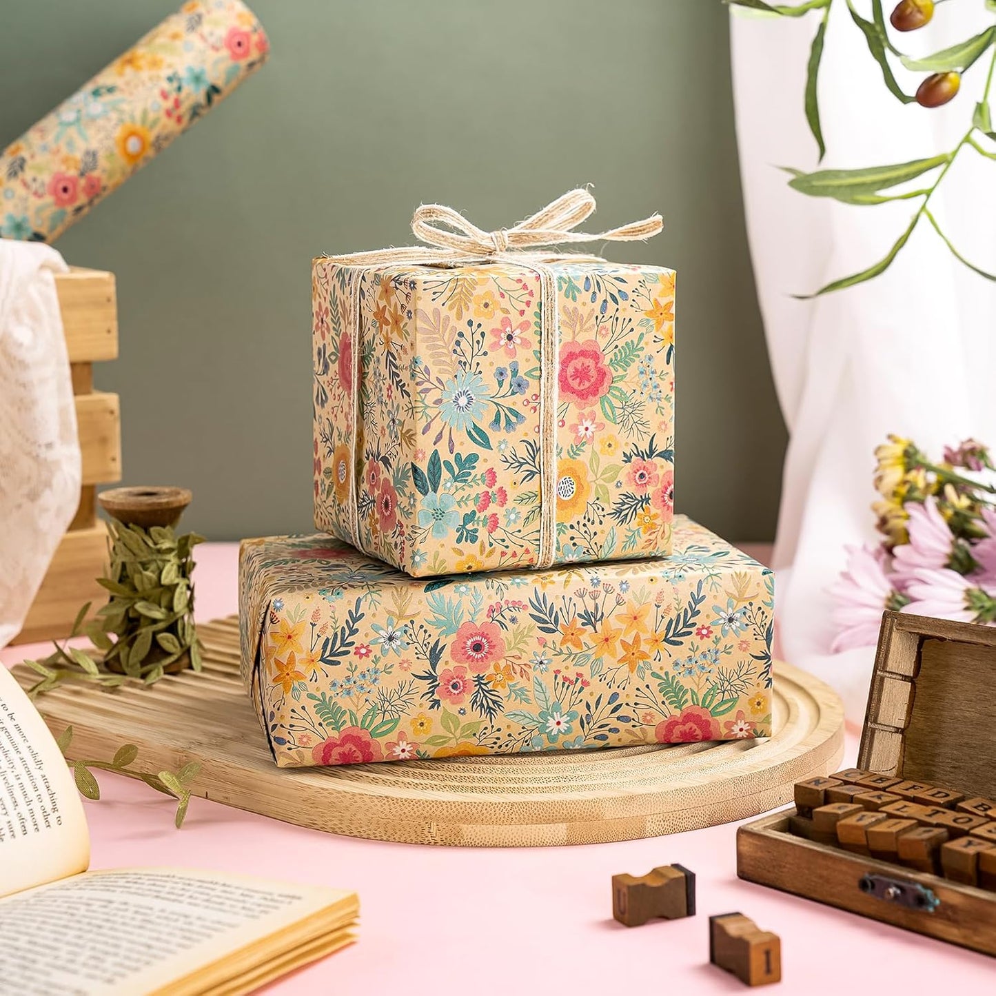 WRAPAHOLIC Kraft Floral Wrapping Paper Roll - Mini Roll - 17 Inch x 33 Feet - Spring Summer Garden Flower Design Perfect for Wedding, Bridal Shower, Birthday