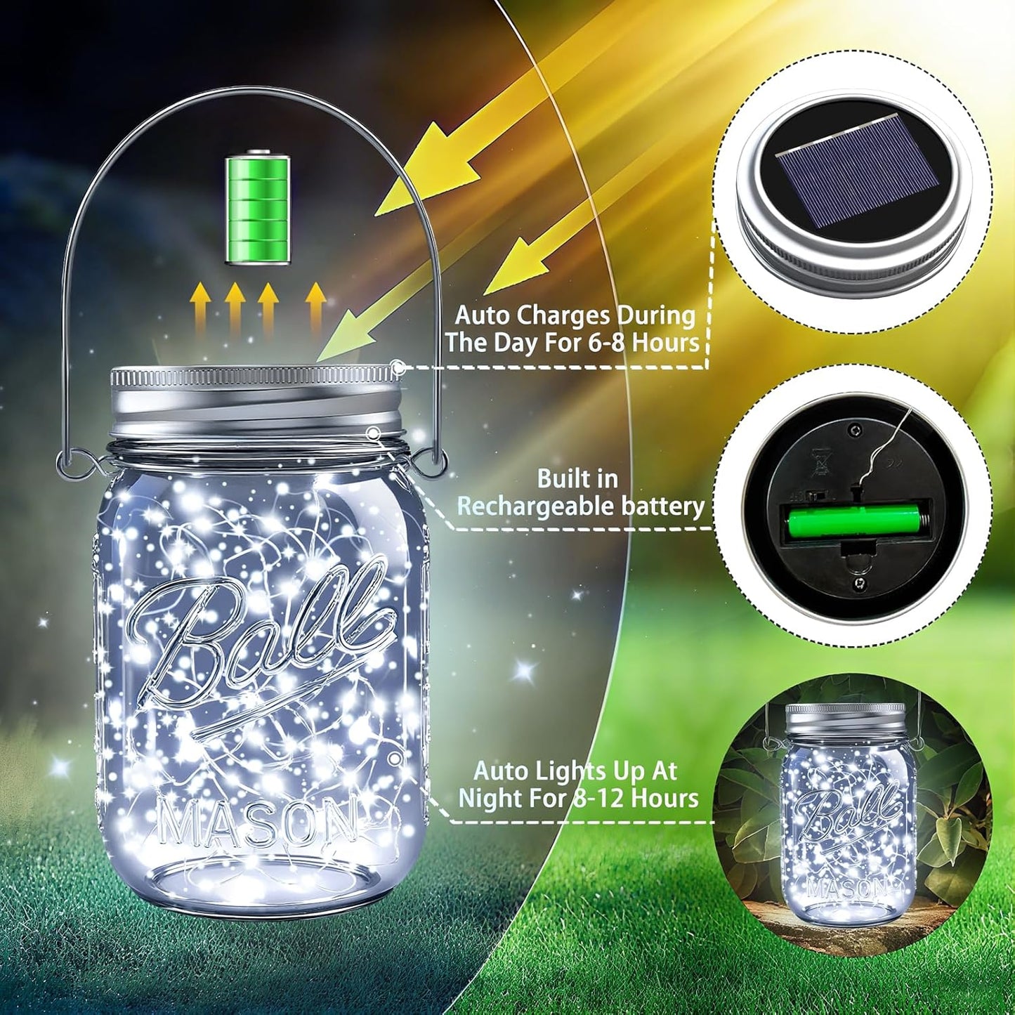 ZNYCYE Solar Mason Jar Lights, 6 Pack 30 LED Waterproof Solar Fairy Firefly Jar Lids String Lights with Hangers(NO Jars) for Outdoor Lawn Patio Garden Yard Wedding Decoration - Cool White