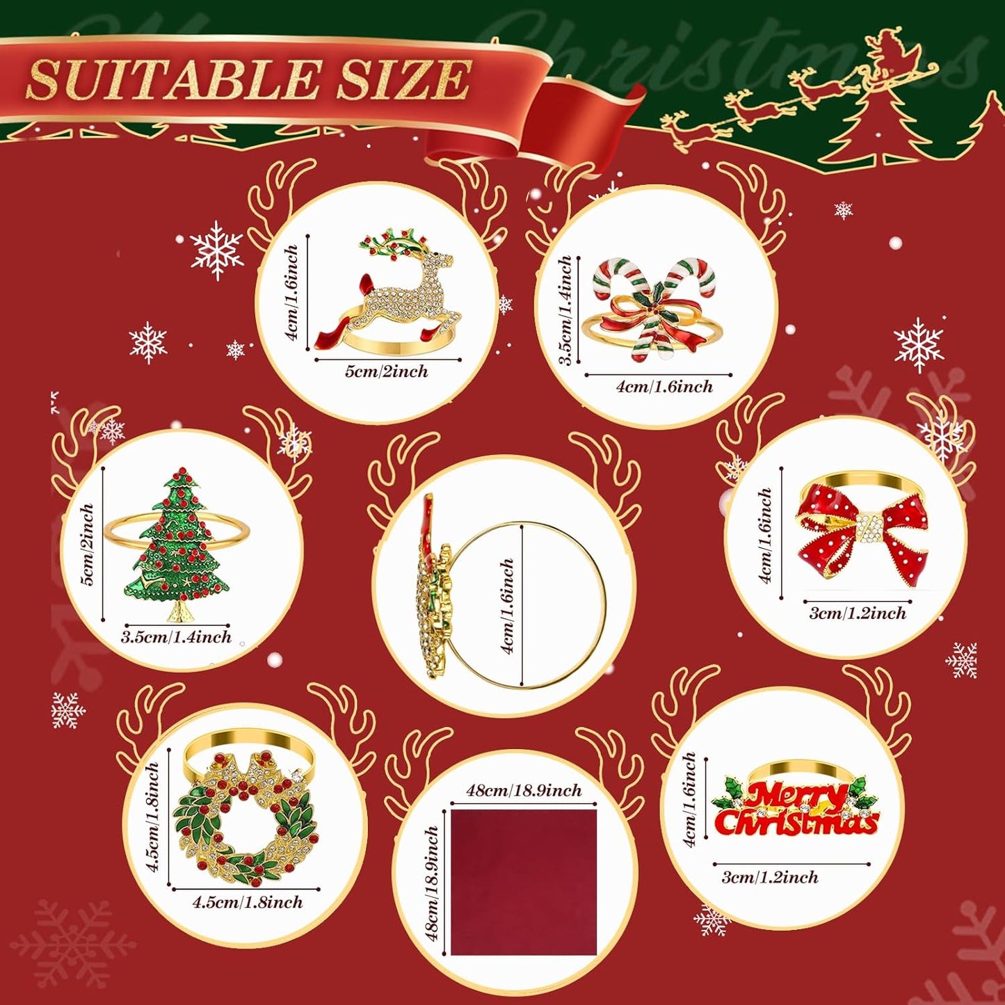 KPOSIYA 12PCS Christmas Napkin Rings Set of 6 and 6pcs Red Napkins Cloth, Metal Xmas Napkin Ring Holders for Winter Christmas Holiday Dinner Party Table Decoration