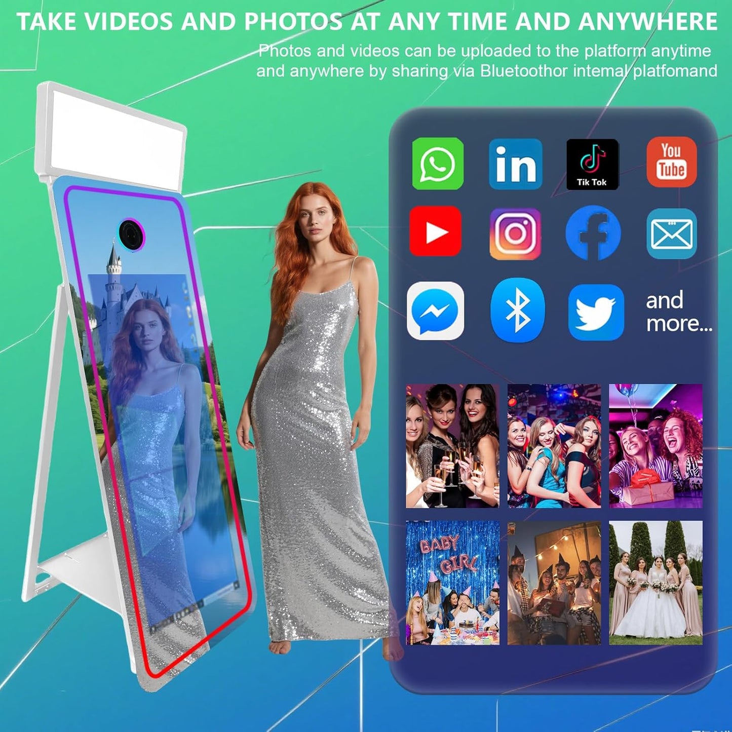 65''Magic Mirror Photo Booth Machine,Mirror Photo Booth 43''Touch Screen,Photo Booth with Flight Case,App Control,RGB Light for Wedding Party Events (White, Machine+Camera)