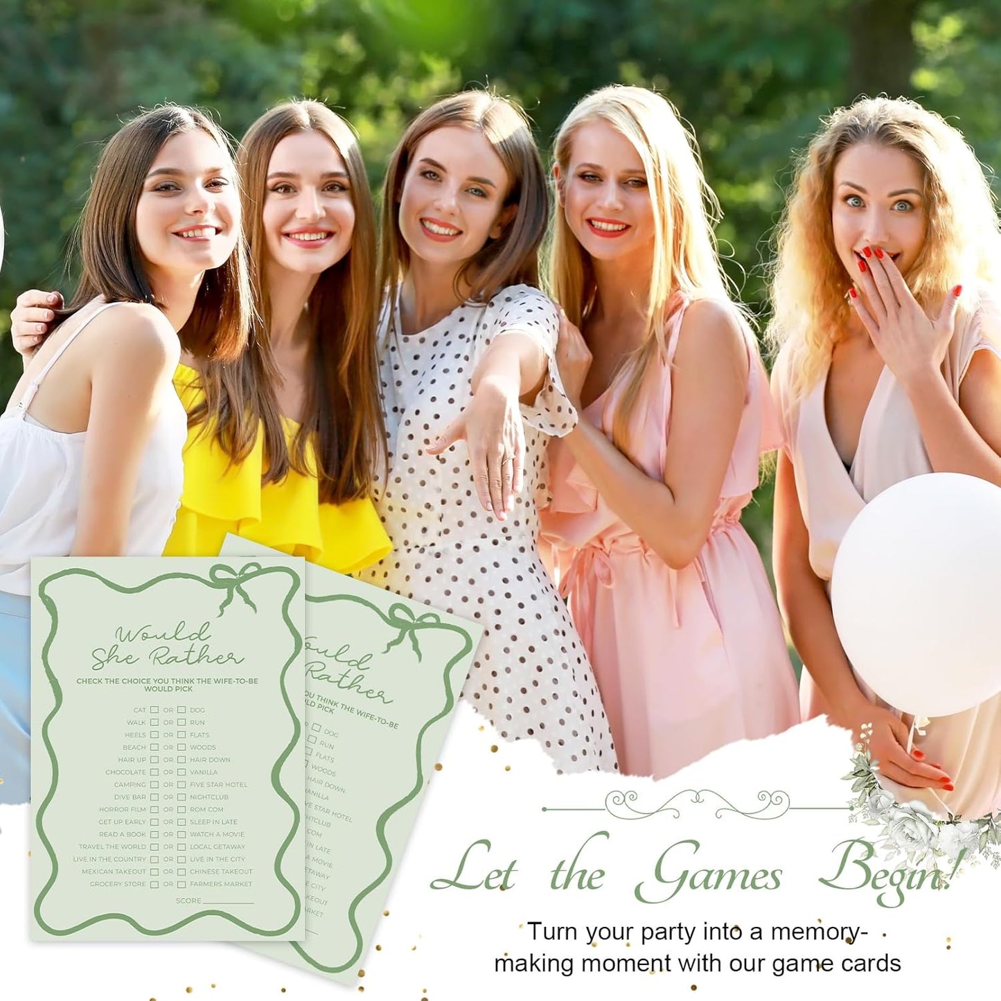 DEEKA 30 PCS Bridal Shower Games Card for 30 Guests Sage Green Wavy Border Ribbon Bow Funny Wedding Bachelorette Party Games for Reception (Would She Rather)
