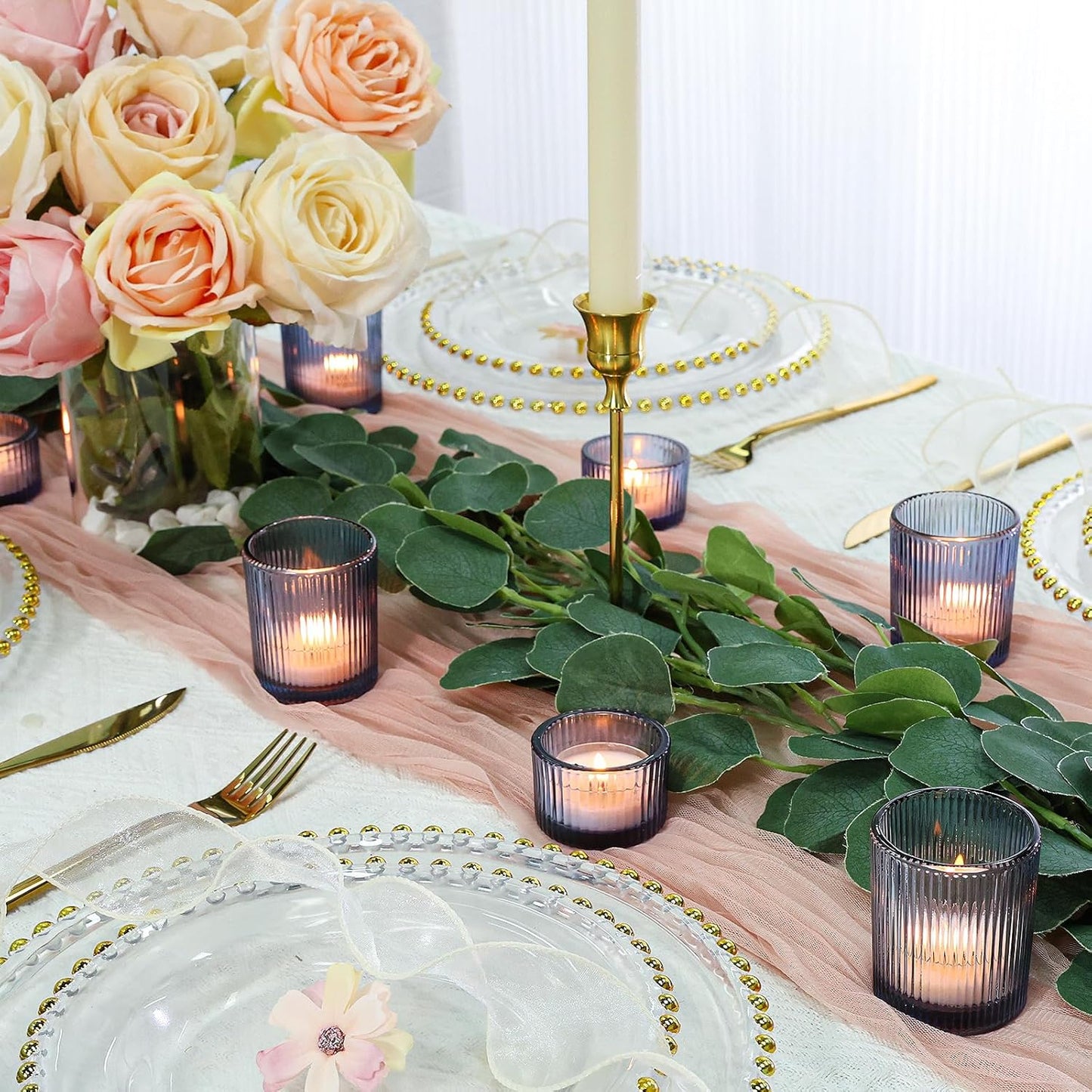 24 Pcs Ribbed Votive Candle Holders, Dark Blue Glass Holders Bulk for Table Centerpiece, Tealight Holders Glass for Wedding Shower, Party and Home Decor