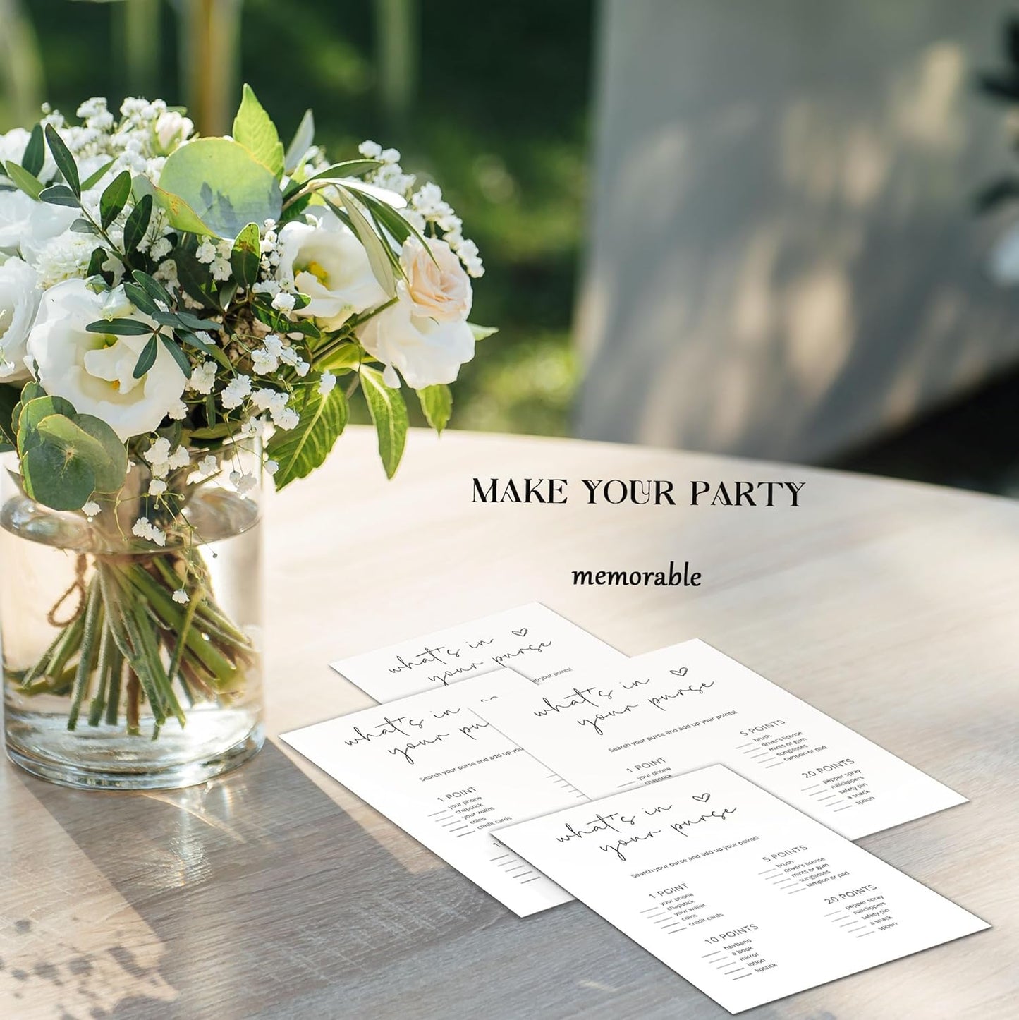 Bridal Shower Games, What's in Your Purse, 25Pcs Minimalist White Double-Sided Bridal Game Cards, Wedding Shower Games for Guests, Engagement Bachelorette Party Supplies - A18