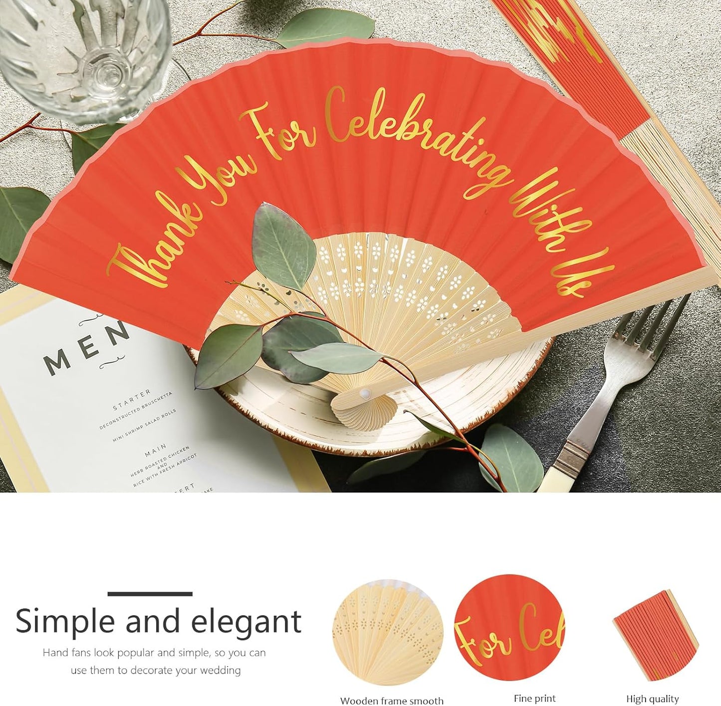 Jetec 50 Pcs Wedding Fans for Guests Bulk Silk Hand Fans Handheld Folded Thank You for Celebrating with Us Wedding Favors for Bridal Bridesmaid Baby Shower Dancing Party Church Gift(Orange)