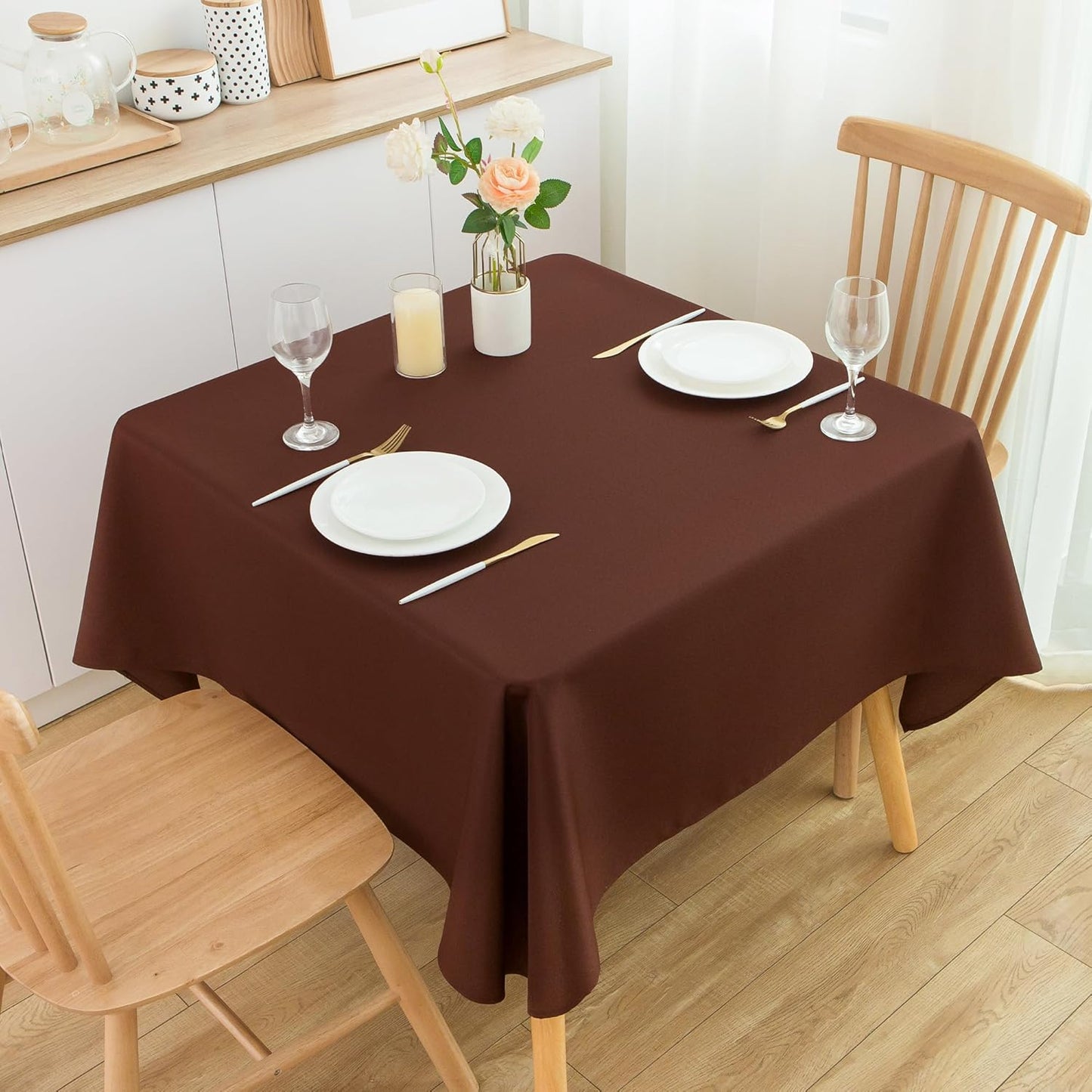 2 Pack Square Table Cloth 52X52 Inch Chocolate Washable Fabric Tablecloth Polyester Solid Dining Table Cover for Birthday Party Dinner Holiday Outdoor Indoor